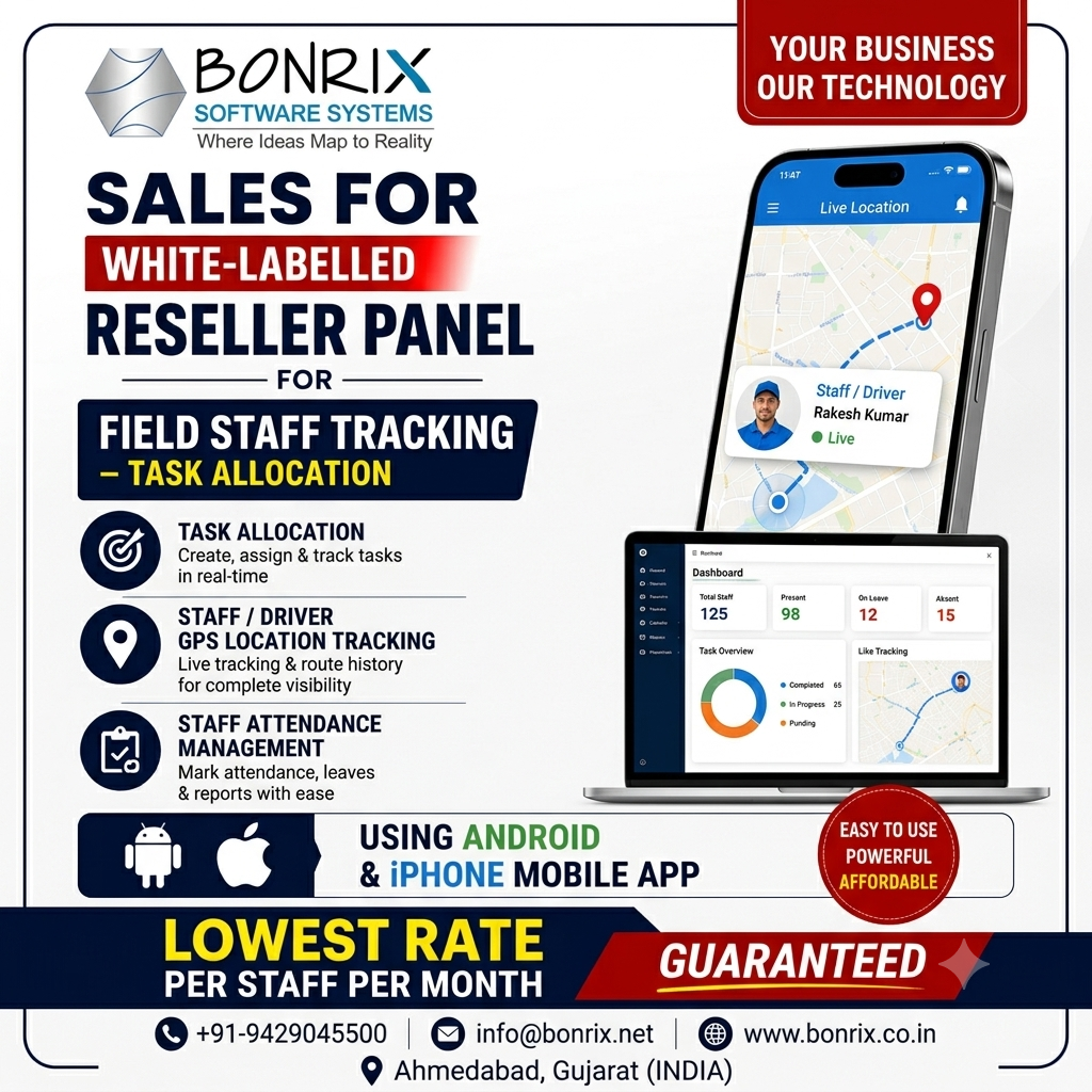 Bonrix White-Label Field Staff Tracking: Task Allocation, GPS Tracking & Attendance Management App