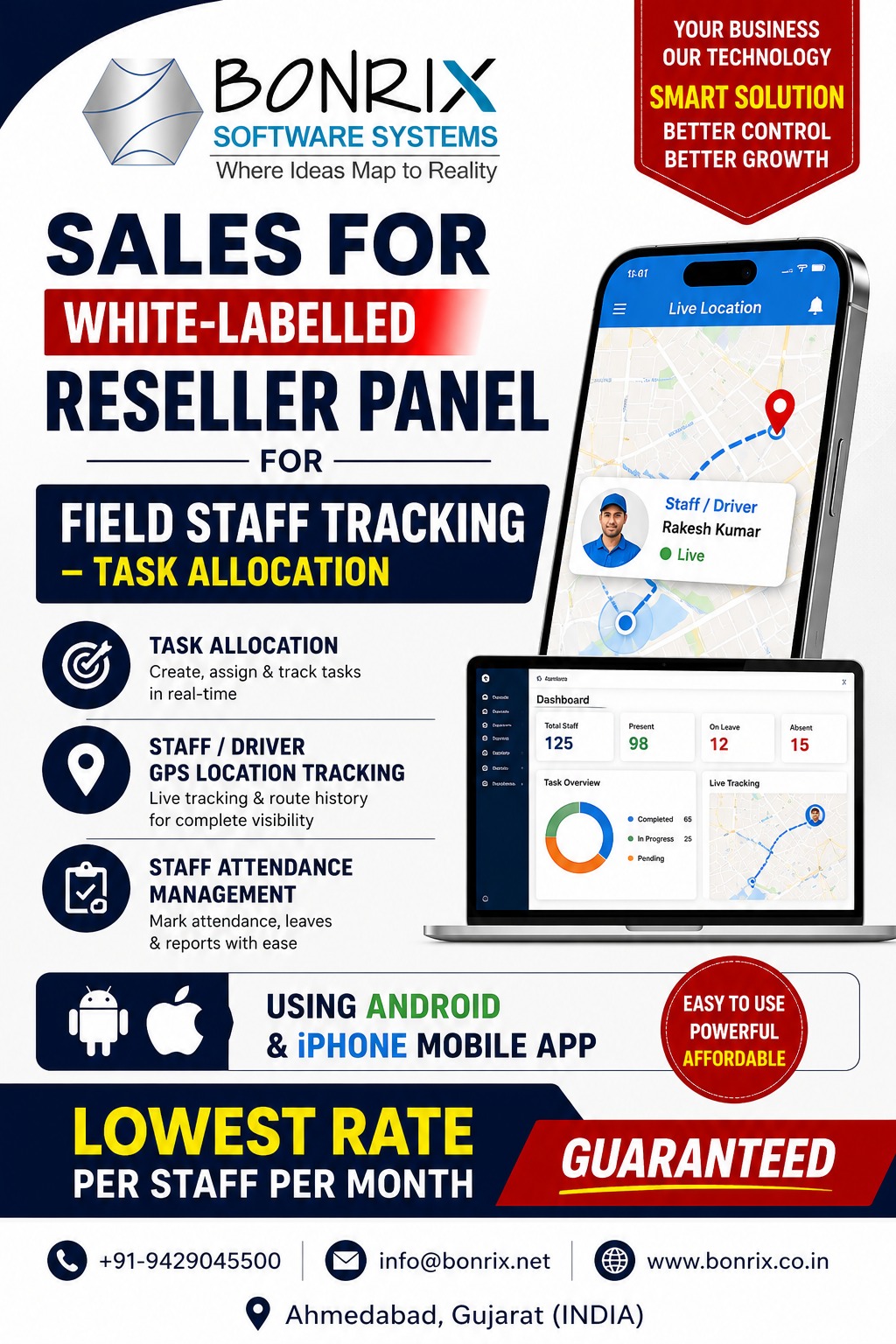 Bonrix White-Label Field Staff Tracking: Task Allocation, GPS Tracking & Attendance Management App