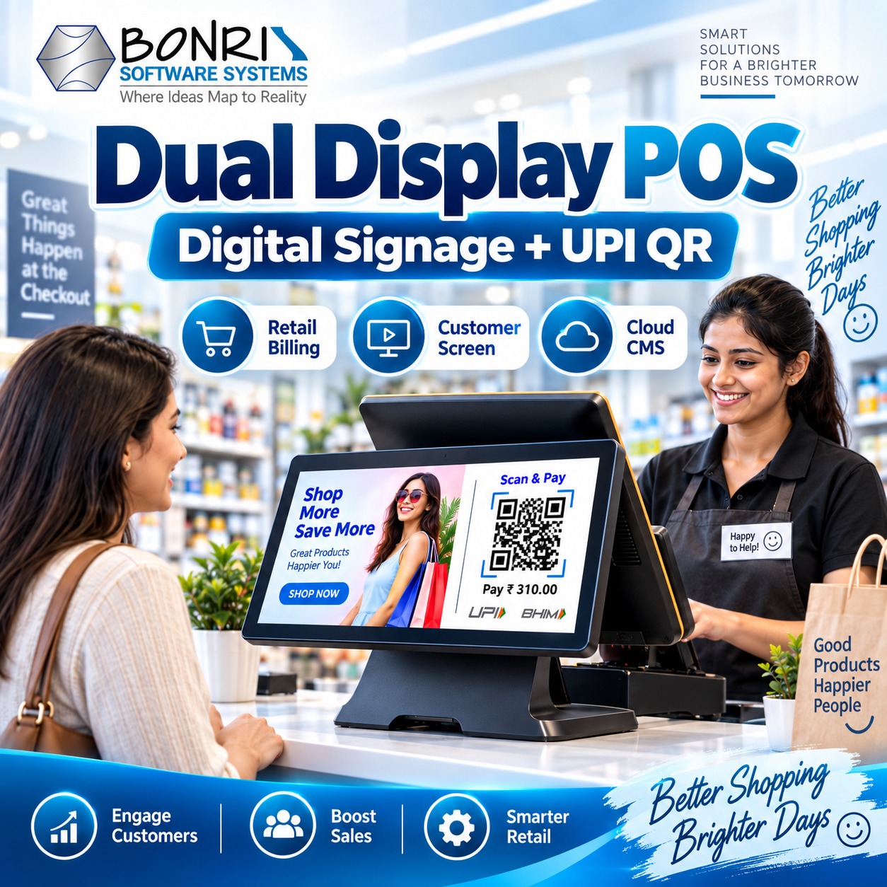 Bonrix Dual Display Digital Signage with Dynamic UPI QR for POS Billing | Cloud TMS & REST API Ready
