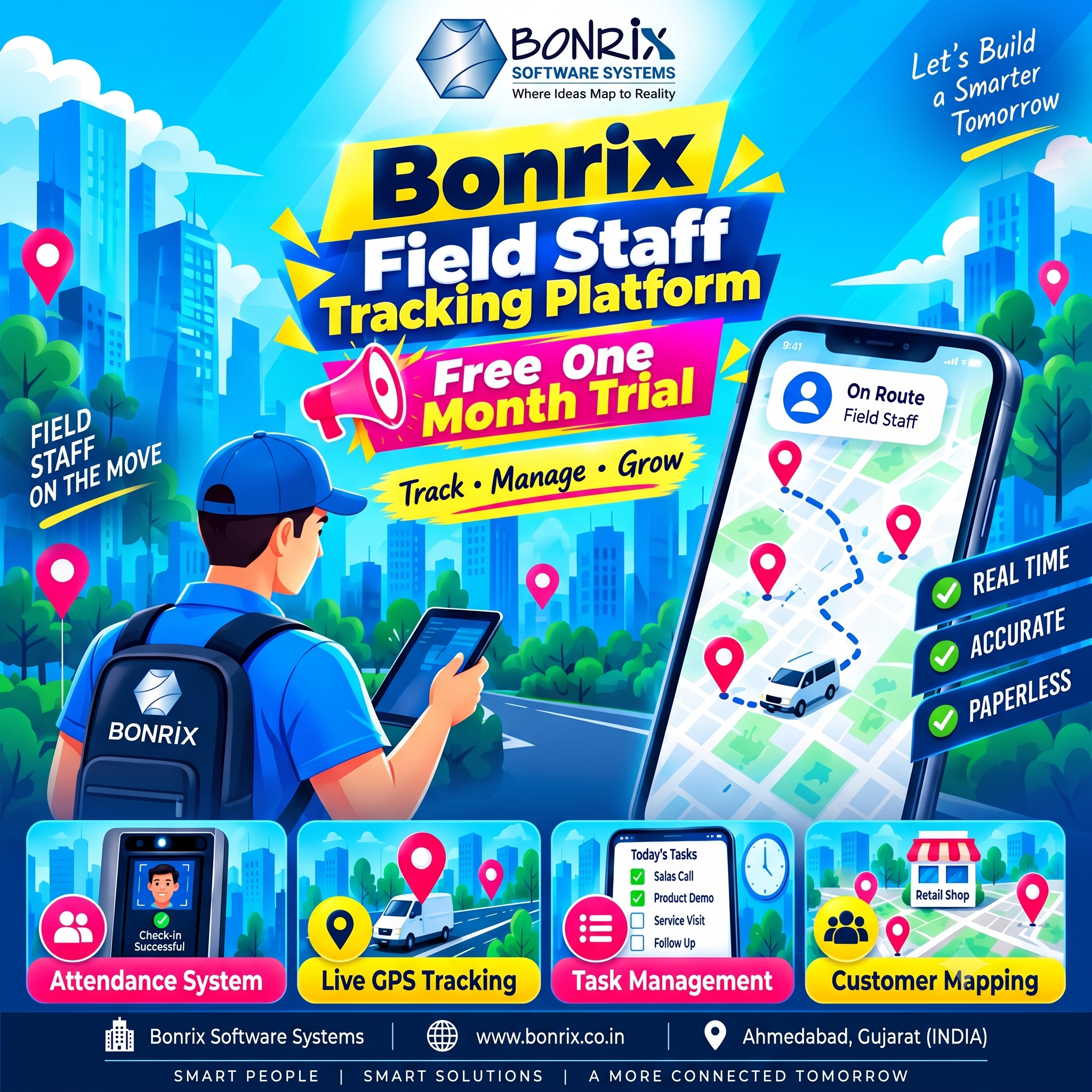 Bonrix Field Staff Tracking Platform – Attendance, Live GPS, Tasks & Customer Geo Mapping for Teams